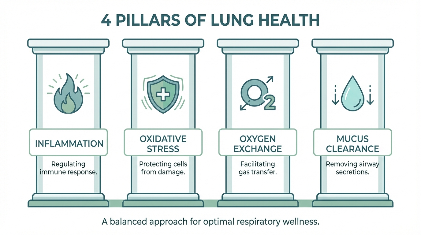 The 4 Pillars of Lung Health: Inflammation, Oxidative Stress, Oxygen Exchange, and Mucus Clearance
