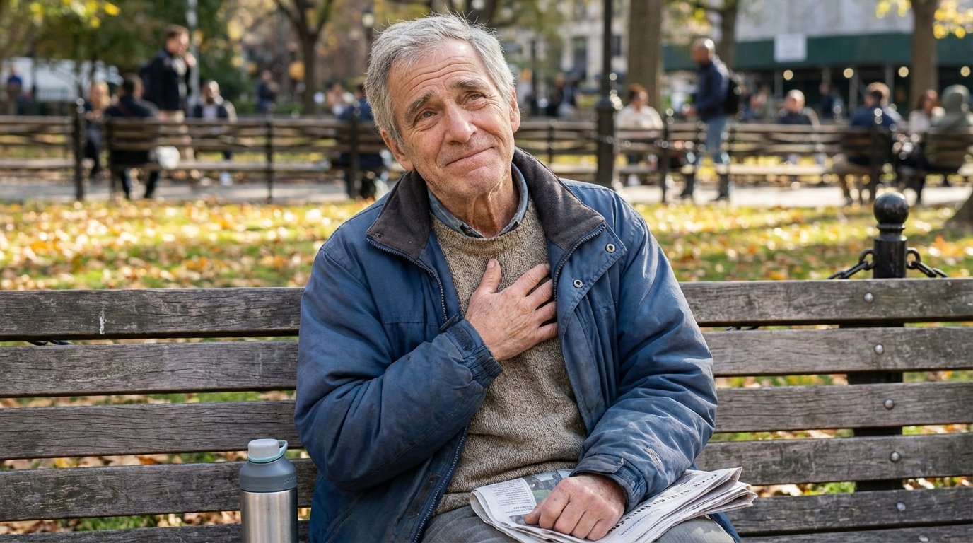Older adult experiencing breathing difficulty — hand on chest while sitting