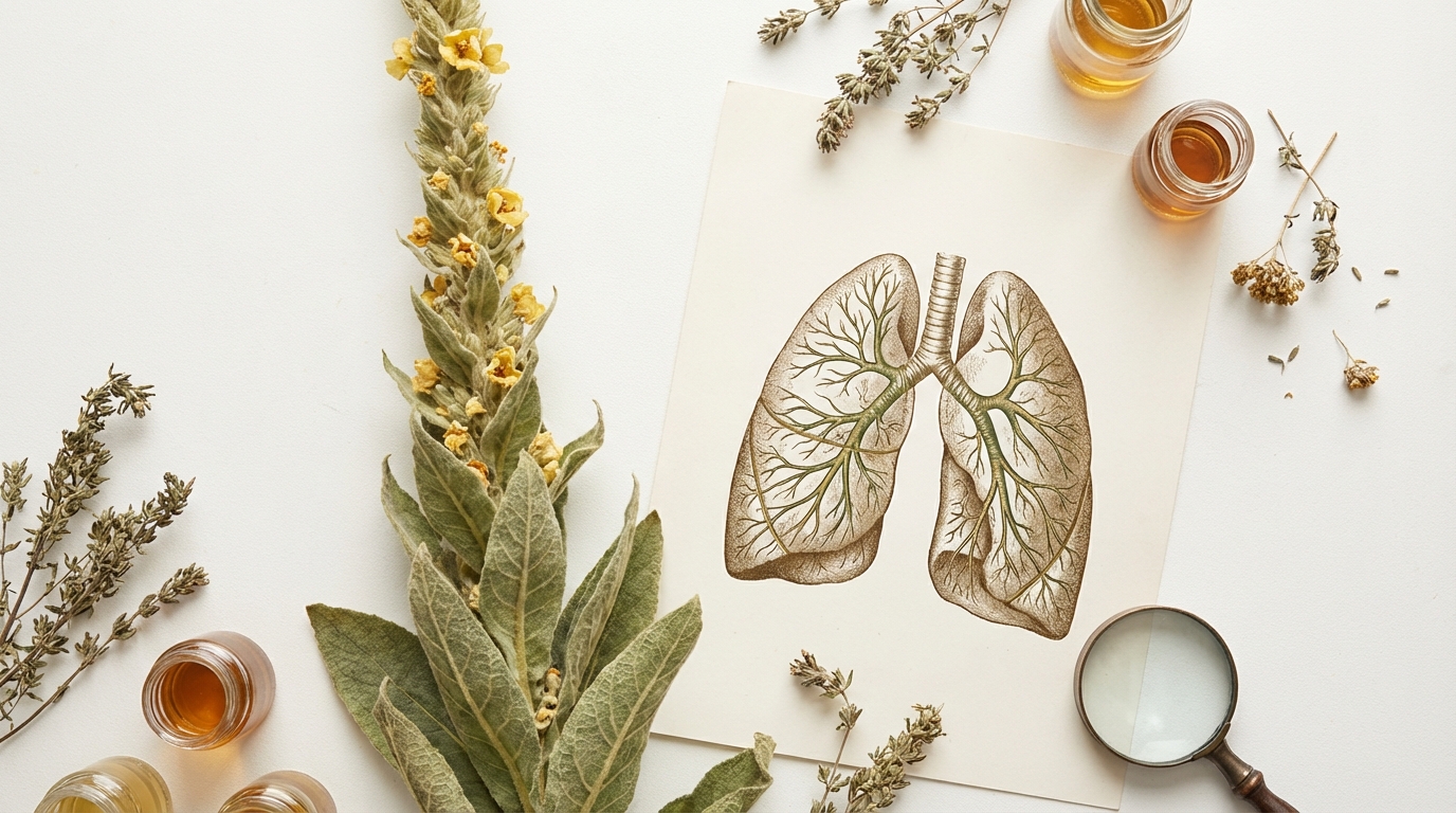 Mullein plant alongside a medical lung illustration &mdash; evidence-based review of mullein for lung health