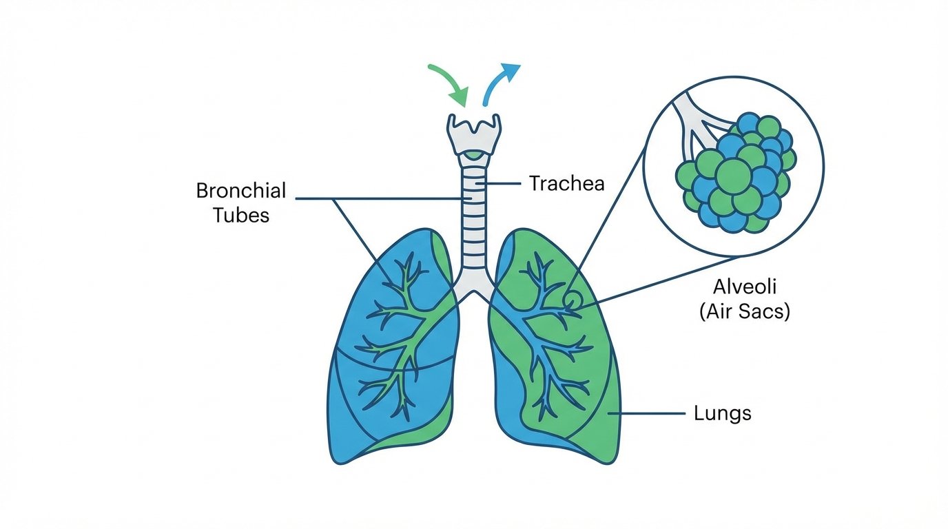 Simplified anatomical illustration of the respiratory system — highlighting alveoli, bronchial tubes, and oxygen exchange